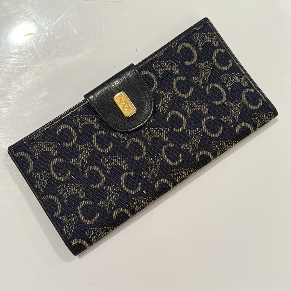 Celine Denim & Leather Monogram Double Sided Long Slim Bifold Wallet EUC